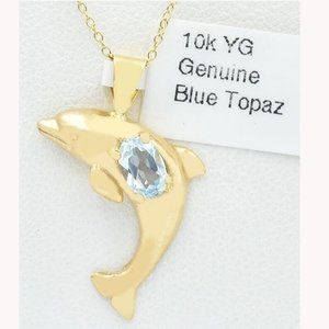 Genuine 0.64 Cts Blue Topaz Dolphin Pendant 10k Gold
